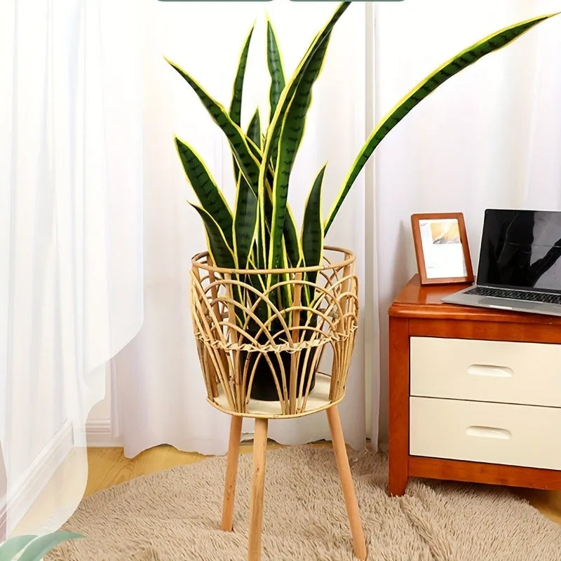 1pcs Indoor Woven Rattan Flower Stand Living Room Openwork Plant Basket Bamboo Woven Hanging Planter for Balcony Home Decor