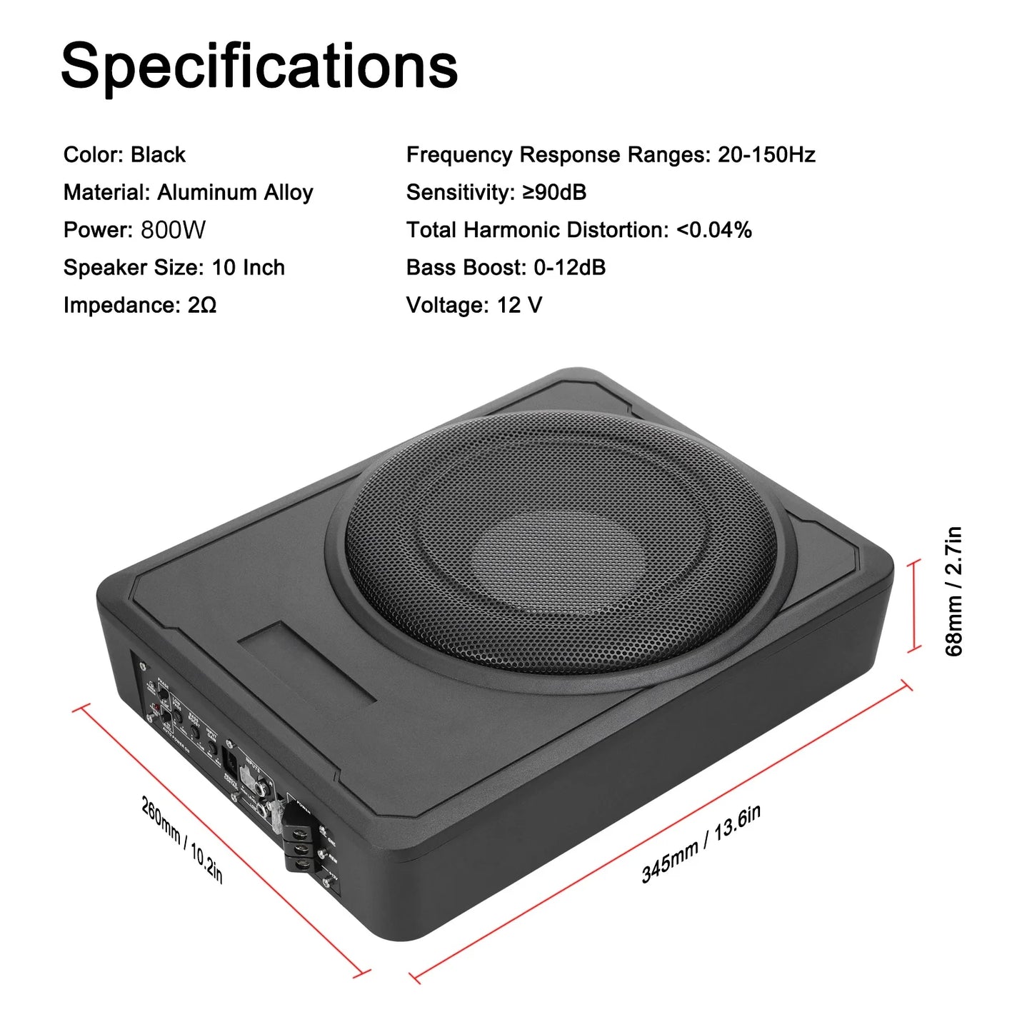 10inch Car Subwoofer 800W Stable Performance Aluminum Alloy Housing Subwoofer for 12V Car Truck Marine Boat