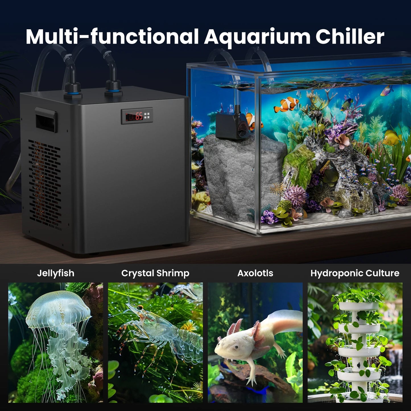 Aquarium Chiller 79Gal 1/3 HP Water Chiller for Hydroponics System Home Use Axolotl Fish Coral Shrimp 110V with Pump and Pipe