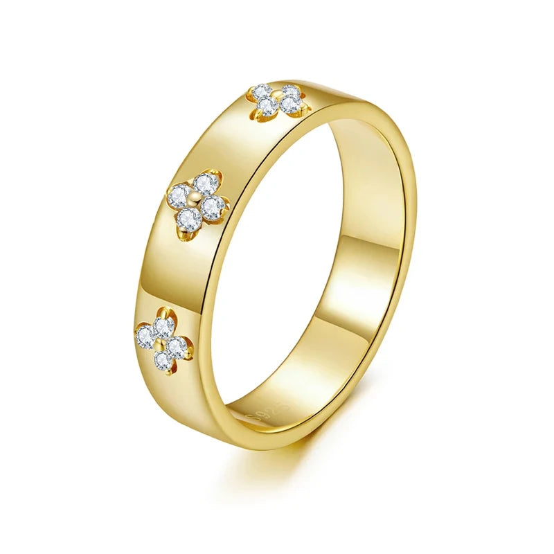BAMOER 925 Sterling Silver Lucky Clover Moissanite Ring - Gold Plated D Color Round Cut Wide Band for Women | AlluCanFind