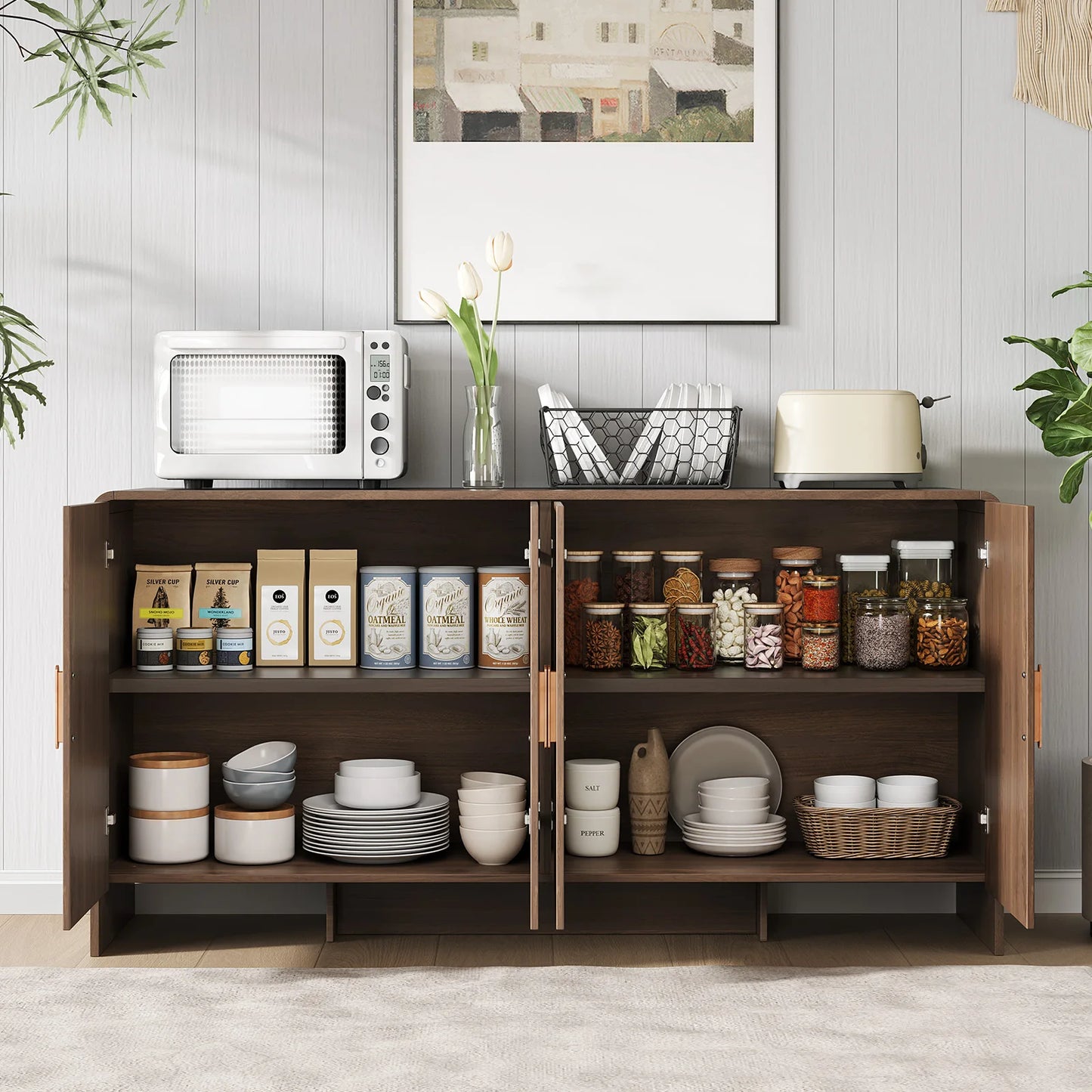 60" Sideboard Buffet Cabinet with Storage, Curved Design Farmhouse Coffee Bar Cabinet with 4 Doors & Adjustable Shelves