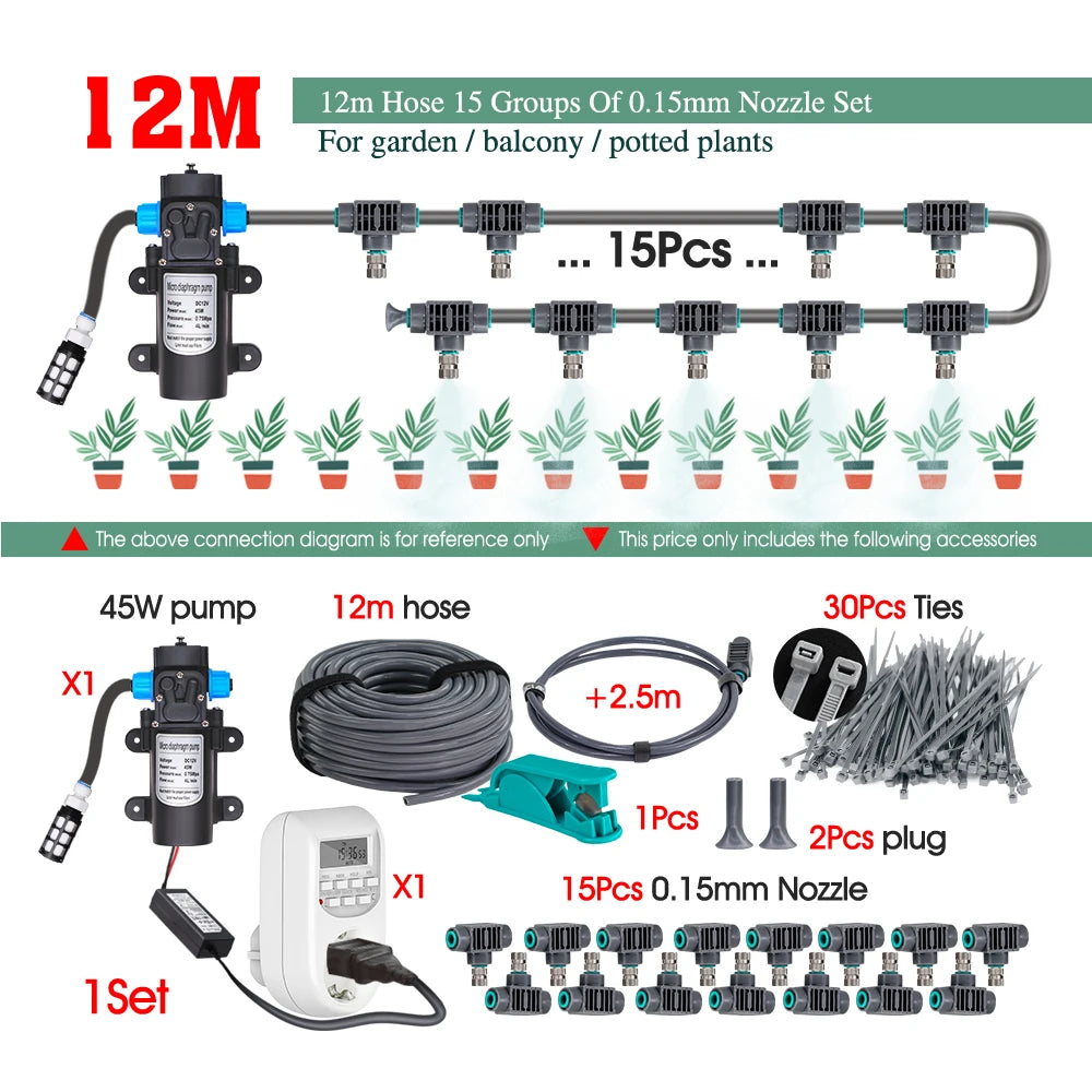110-240V 45W Self-priming Pump Garden Greenhouse Plants Micro-Irrigation Kit Rapid Insertion 0.15MM Spray Nozzle Watering System