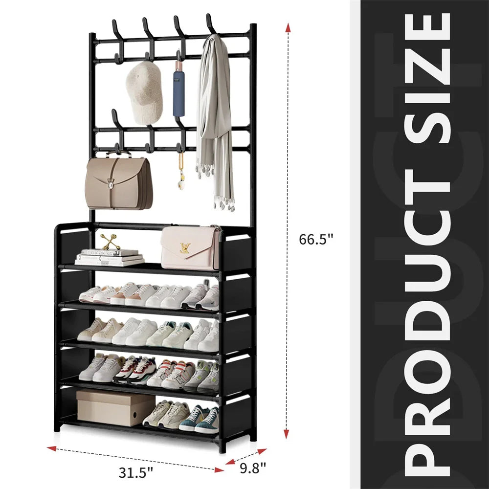Coat Hat Stand 8 Hooks Metal Storage Shoe Rack 5 Tiers Shelf Hanger Shoes Shelf Living Room Storage Racks 80Cm Widen
