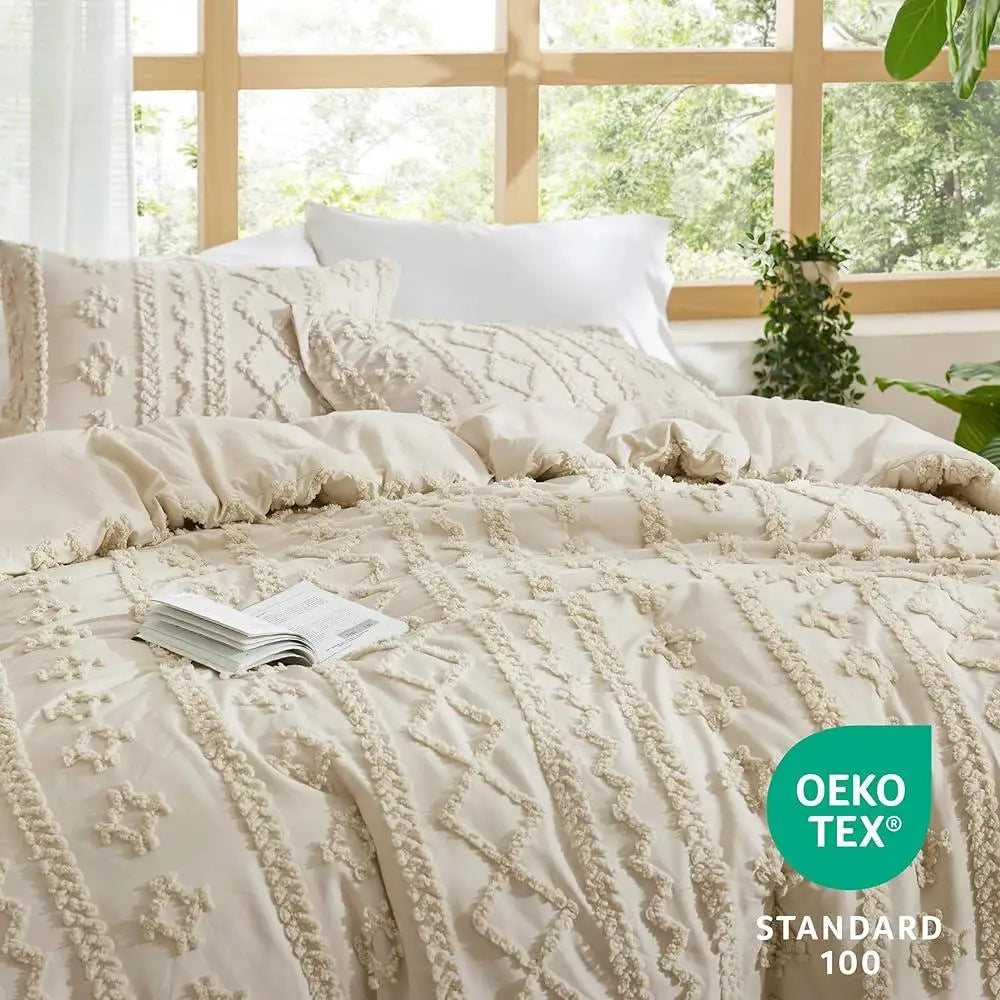 Tufted Boho Comforter Set Queen 3 Pieces Soft Breathable Embroidered Bedding Farmhouse Shabby Chic Cozy Noise-Free Easy Care