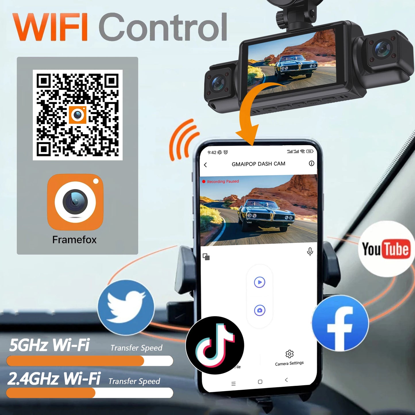 Car Dash Cam 4 Channel Black Box WiFi Driving Camera FHD 1080P Front L
