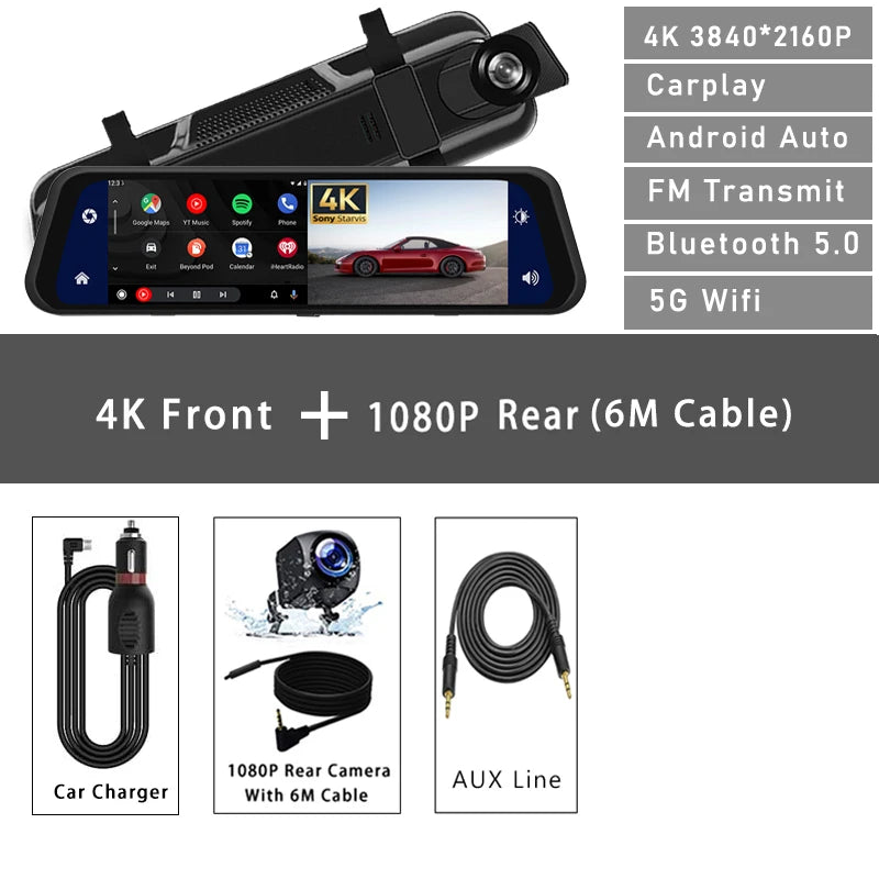 UHD 4K 3840*2160P Car Dvr Carplay Android Auto GPS 5G WIFI AUX Dash Ca