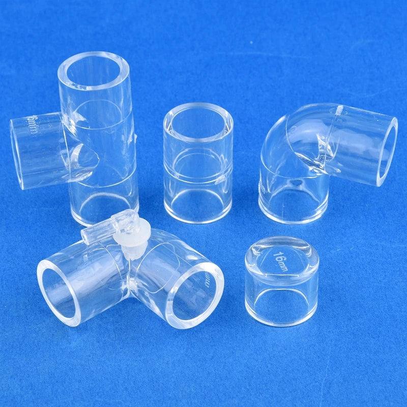 16mm Clear Acrylic Pipe Aquarium Fish Tank 90° Elbow Tee End Plug Connector Plexiglass Water Supply Tube Fittings DIY Connector