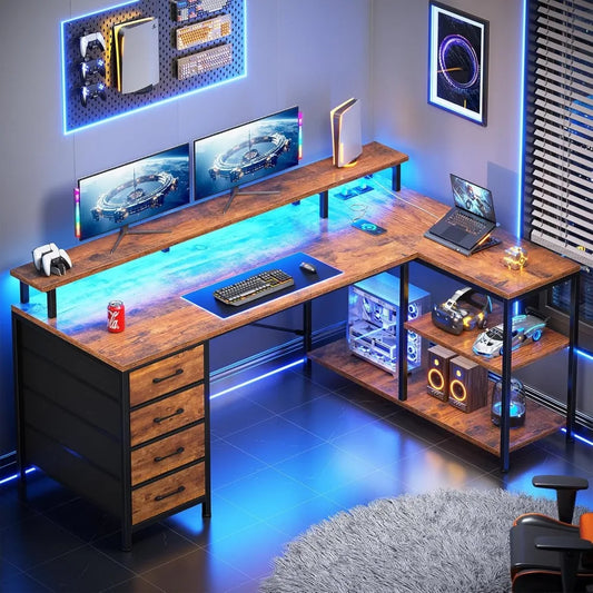 L Shaped Desk with 4 Drawers and Storage Shelves, L Shaped Gaming Desk