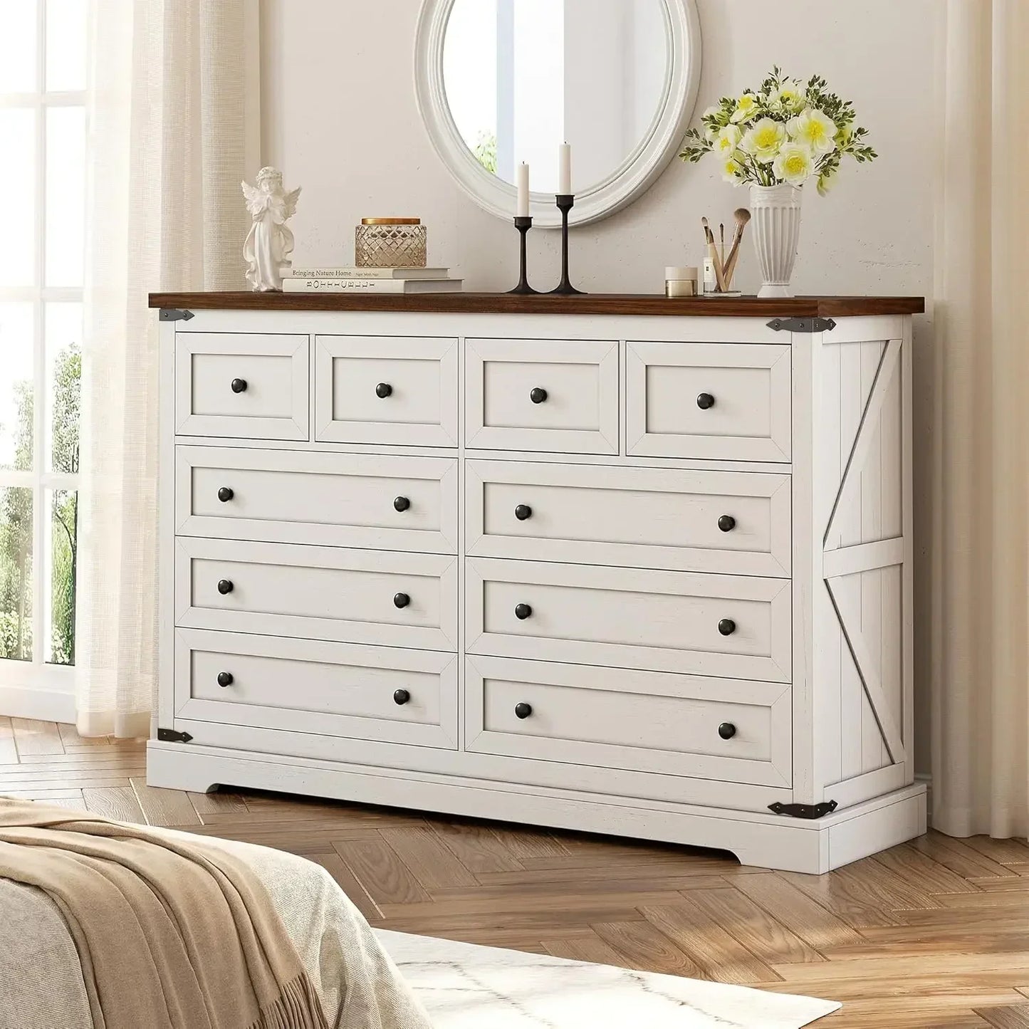 White 10-Drawer Dresser, 55'' Wide Bedroom Chest, Antique Storage Cabinet