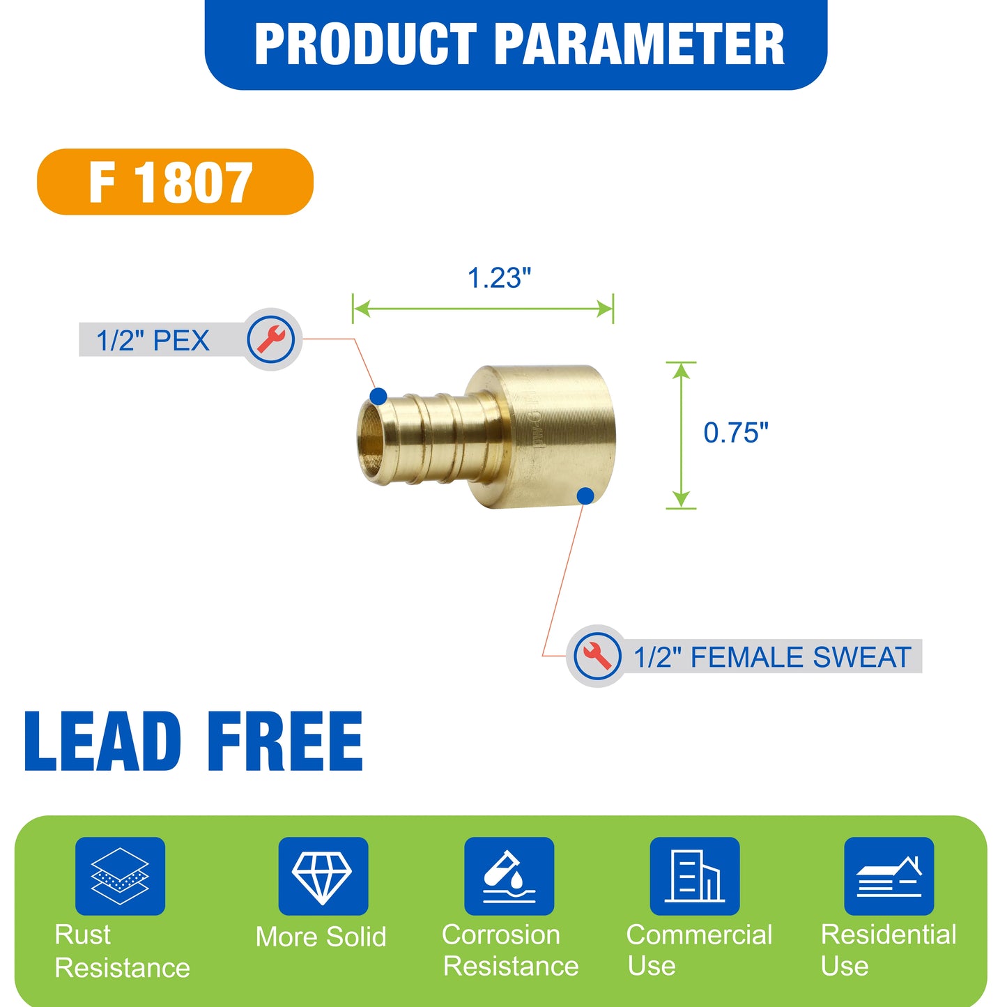 KING SMART Crimp/F1807 PEX 1/2" * 1/2" Female Sweat Adapter; Lead Free Brass; 15Pcs/Case; 80212
