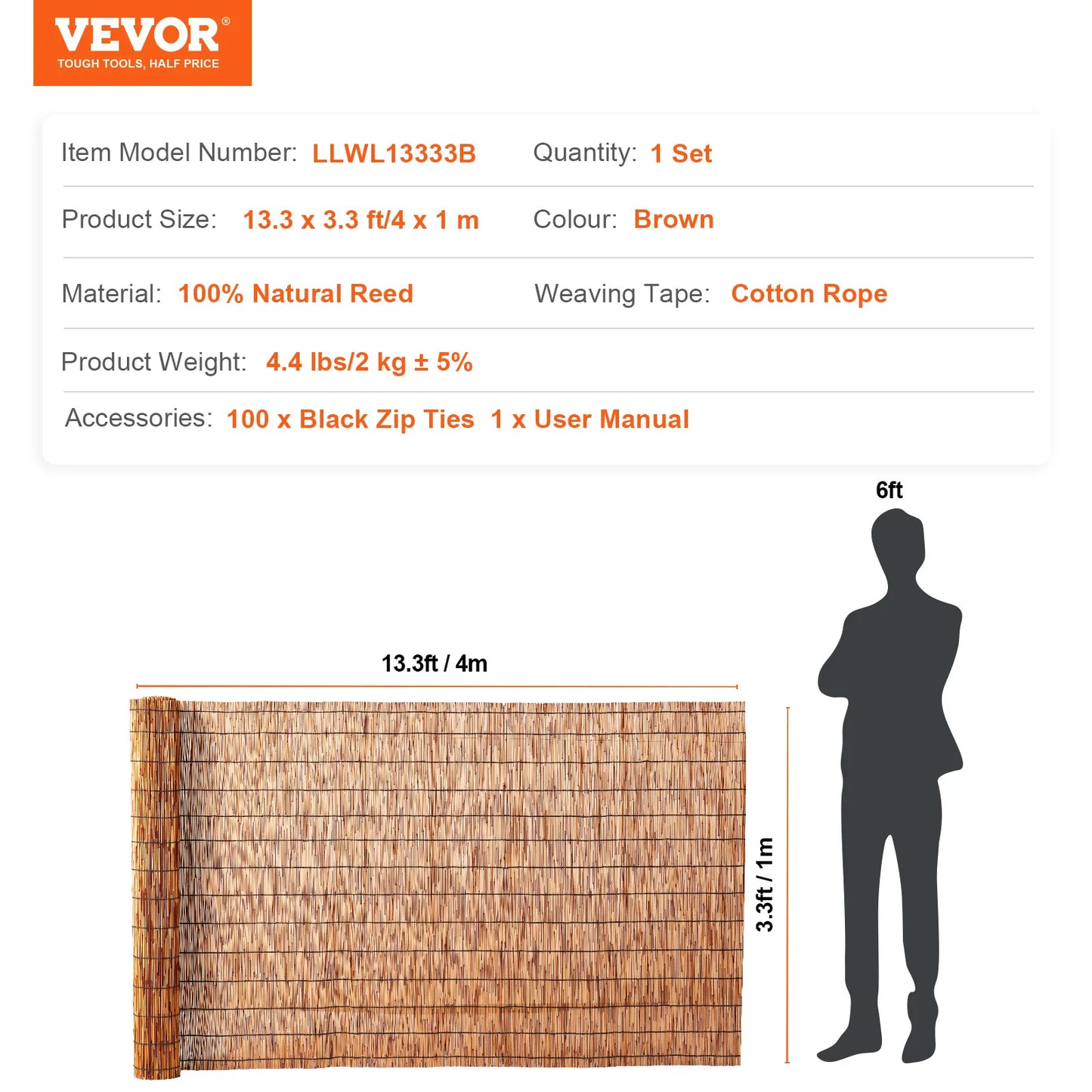 VEVOR Natural Reed Fencing 3.3 ft x 13.3 ftBalcony Reed Fence Roll for Outdoor Backyard Patio Decorative Fence Fencing Divider