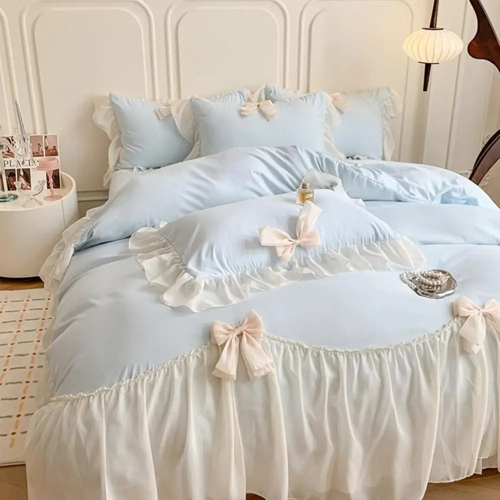 Ruffled Duvet Cover Set with Bowknot Tie and Zipper Closure Soft Microfiber Includes Pillowcases Chic Bedding Bedroom Decor