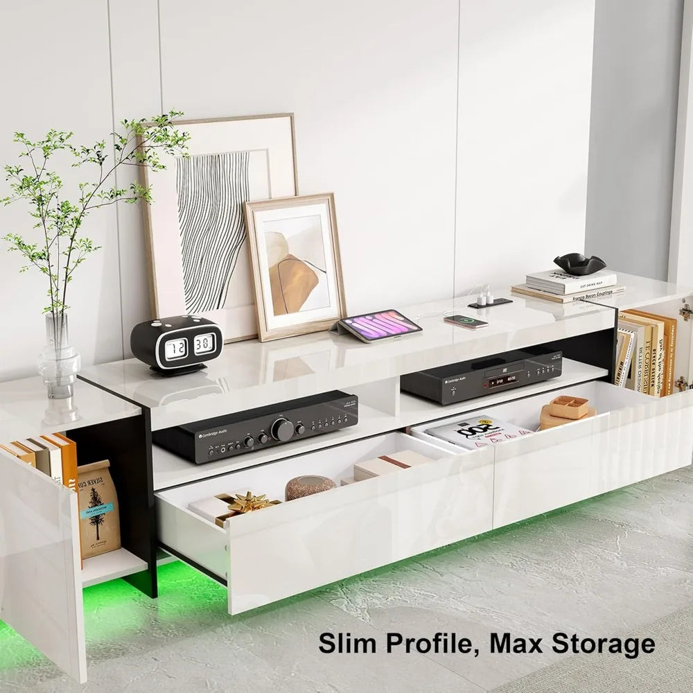 94.5" W TV Stand for Up to 100" TV, Modern Entertainment Center with LED Lights and Power Outlets, Media Console with Cabinet