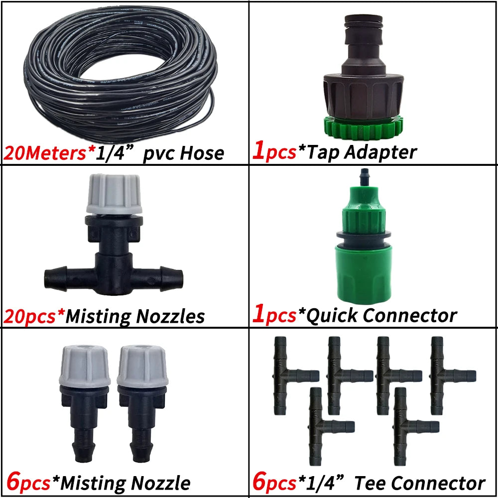 5M-30M Outdoor Misting Cooling System Garden Irrigation Watering 1/4'' Brass Atomizer Nozzles 4/7mm Hose for Patio Greenhouse