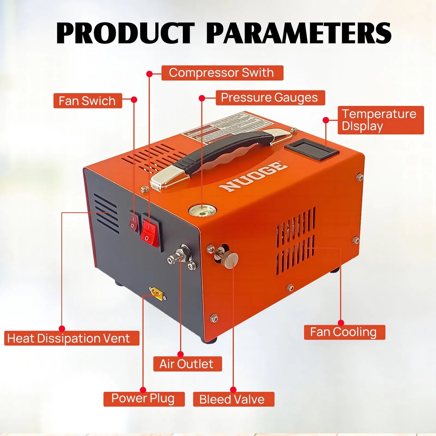 NUOGE 110V/220V Power PCP Air Compressor 4500Psi 30Mbar Pump Oil/Water-Free High Pressure Apply To Diving Bottle