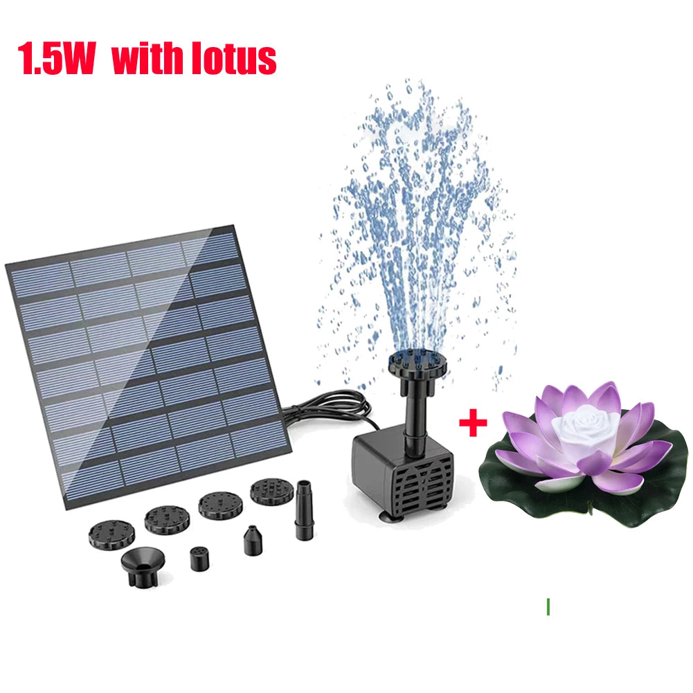 1.5W Solar Fountain Pump with 6 Nozzles Mini Fountain Pool Pond Waterfall for Outdoor Bird Bath Pond Garden Decor Floating Lotus