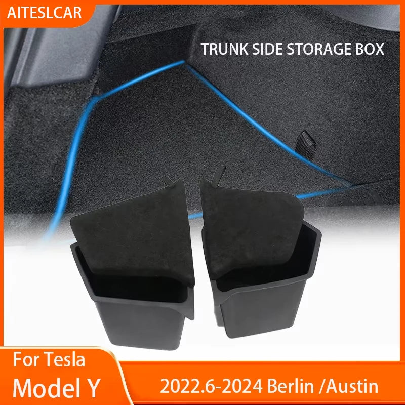 Trunk Side Storage Bins For Tesla Model Y-Berlin/Austin 2022-2024 Cargo Compartment Organizer Bucket TPE Box & Carpet Lids