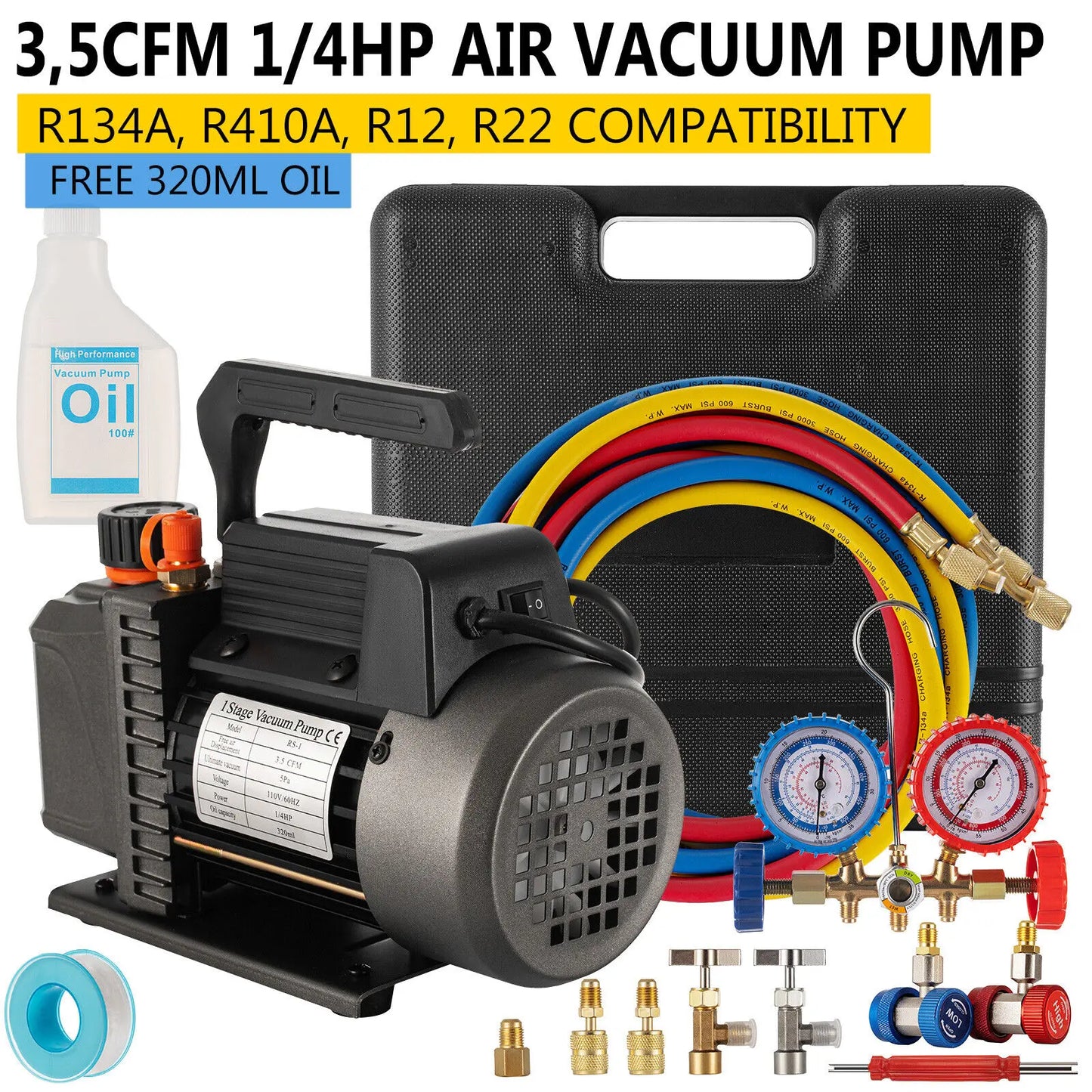 3.5CFM Air Vacuum Pump 1/4HP A/C Manifold Gauge Set for Air Conditioning R134A R410a R22 Air Refrigerant Kit With Oil