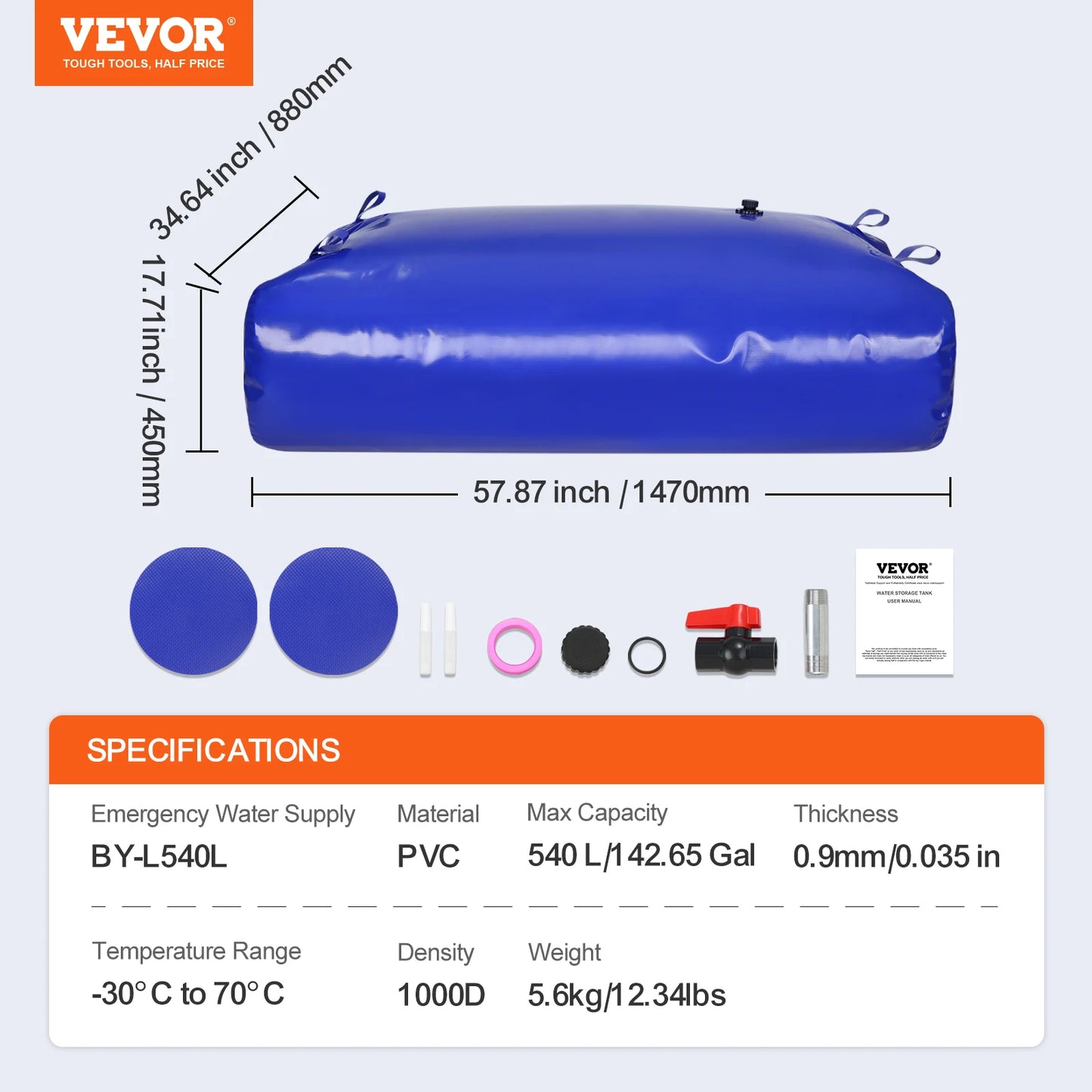 VEVOR 1000L/264 Gallon Water Storage Bladder RV Water Tank 1000D Blue PVC Collapsible Water Storage Containers Soft Water Bag