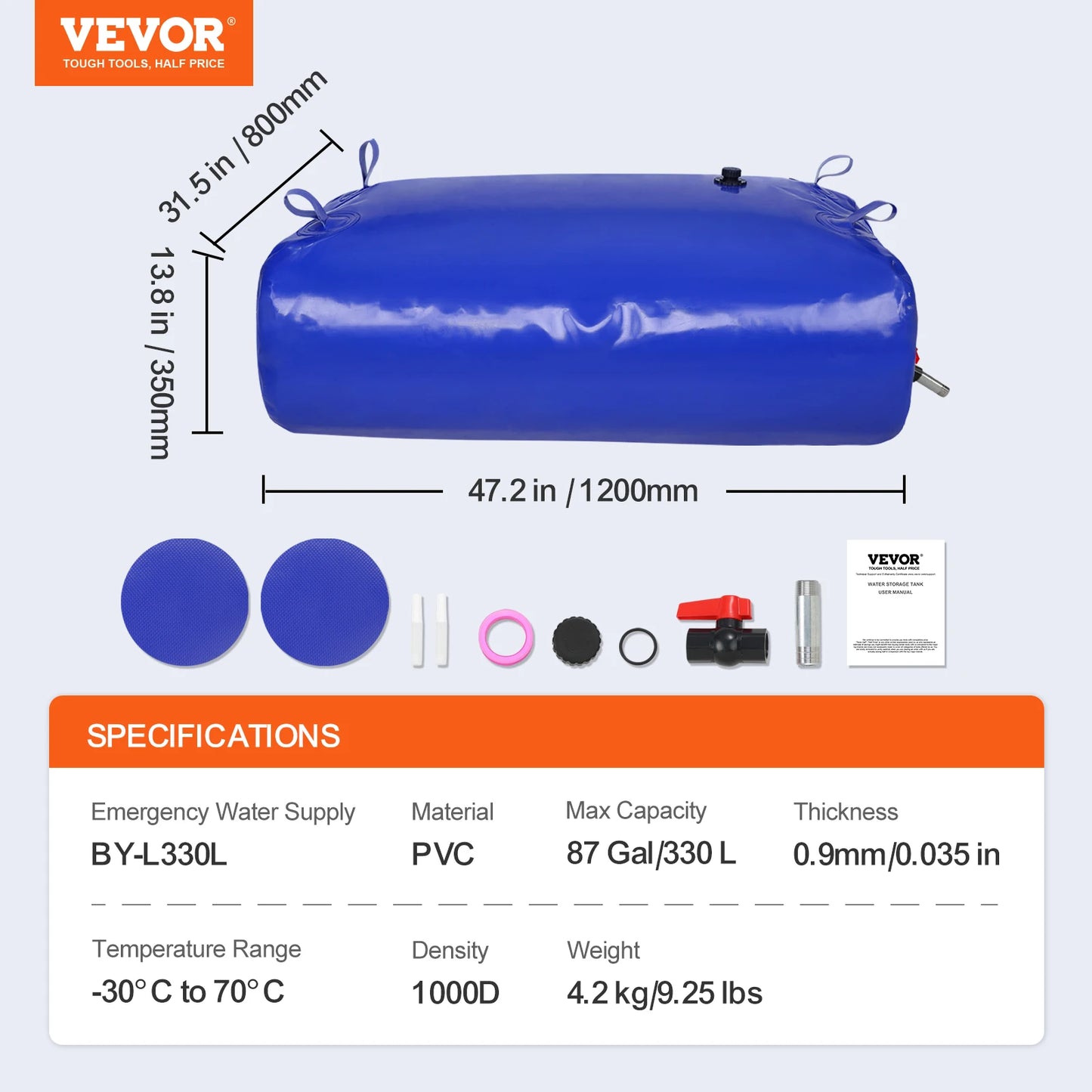 VEVOR 1000L/264 Gallon Water Storage Bladder RV Water Tank 1000D Blue PVC Collapsible Water Storage Containers Soft Water Bag