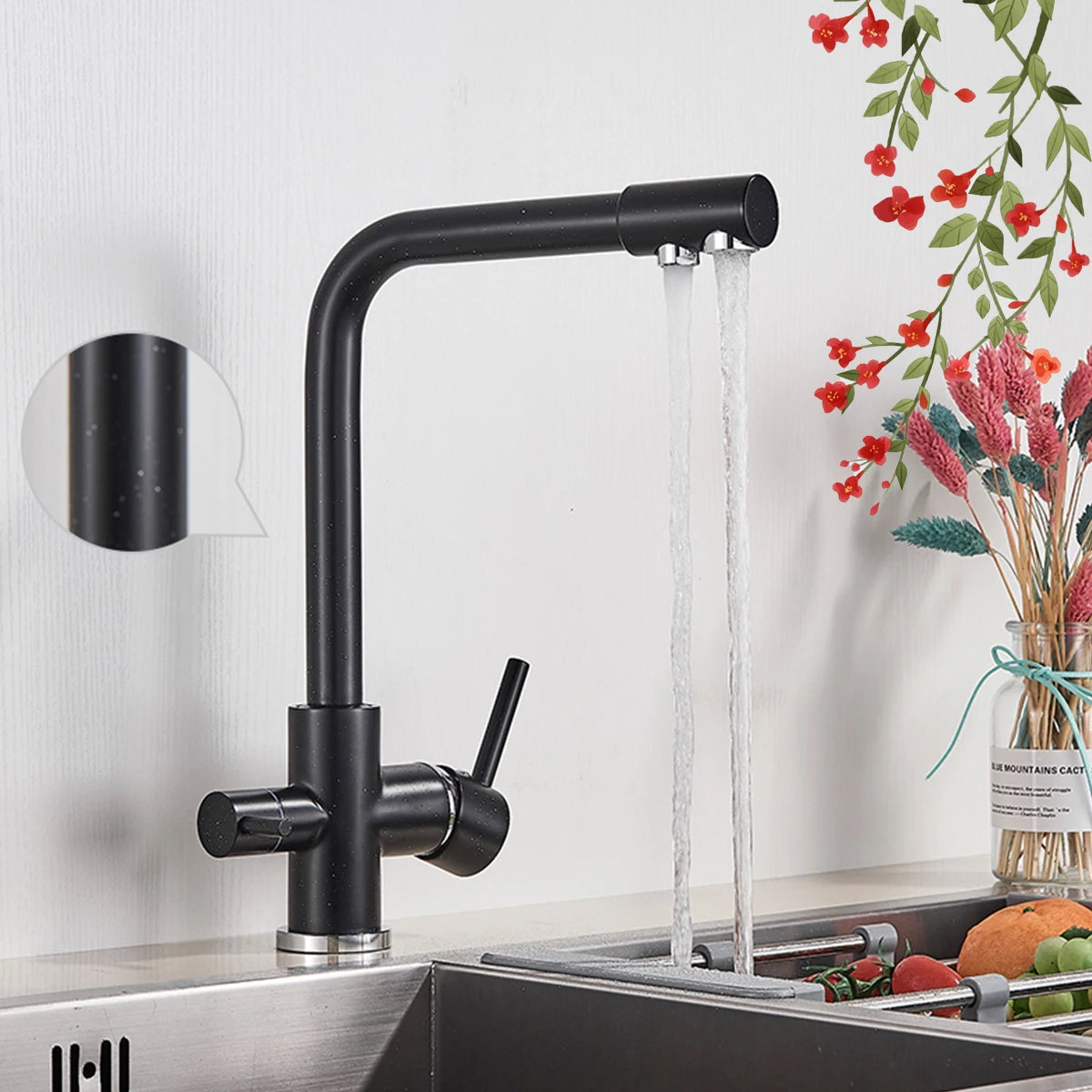 Pure Water Kitchen Faucet Chrome Stainless Steel Dual handle Hot Cold Water Mixer Tap Filtered Deck Mounted Torneira Crane Tap