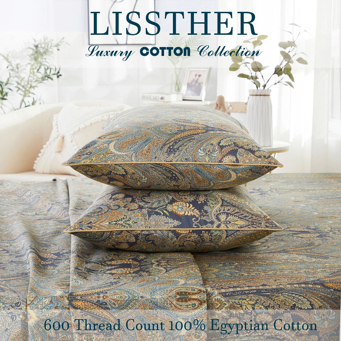 3pcs 600TC 100% Egyptian Cotton Duvet Cover Set, Vintage Bohemian Paisley Royal, Soft Skin-Friendly (No Inserts)