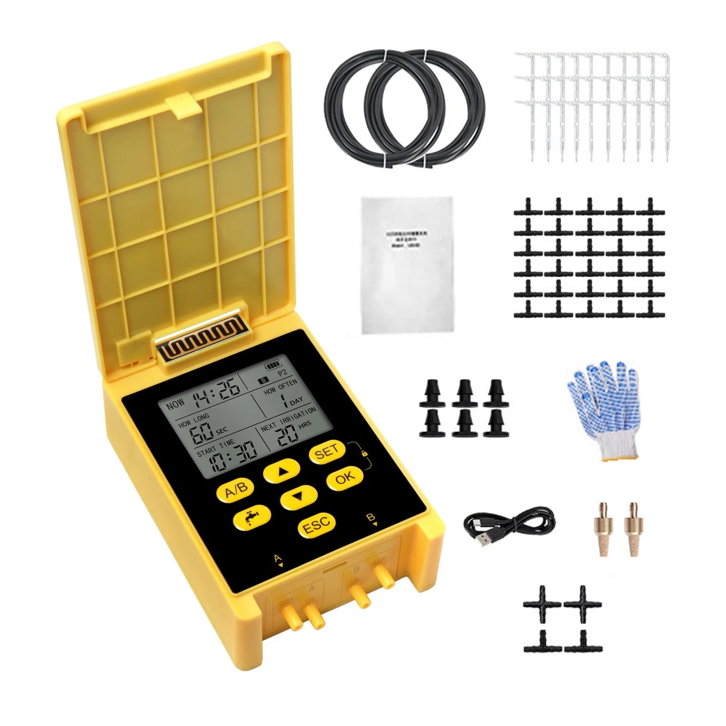 2 Group Automatic Watering System Dual Pump Solar Drip Irrigation System with Rain Sensing Digital Display Screen Child Lock