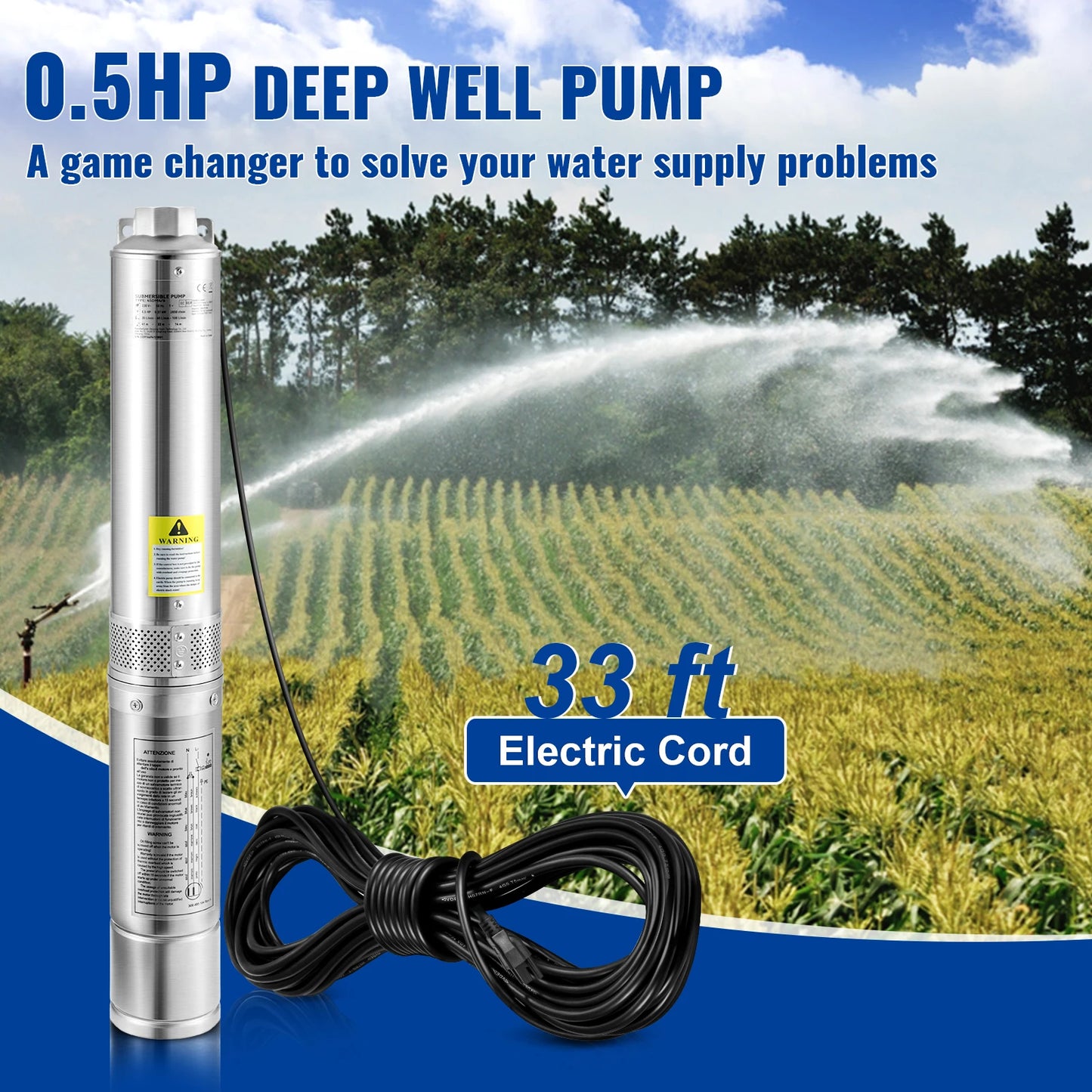 SucceBuy Deep Well Submersible Pump 0.5/1/1.5/2/3 HP 230V/60Hz Stainless Steel Water Pumps for Industrial, Irrigation & Home Use