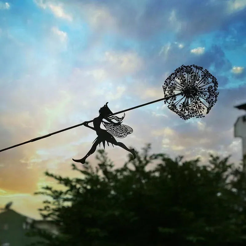 Fairies Angel With Dandelions Flowers Dance,Fairy Garden Decoration Outdoor,Sculptures & Figurines Inserted Soil Metal Craft