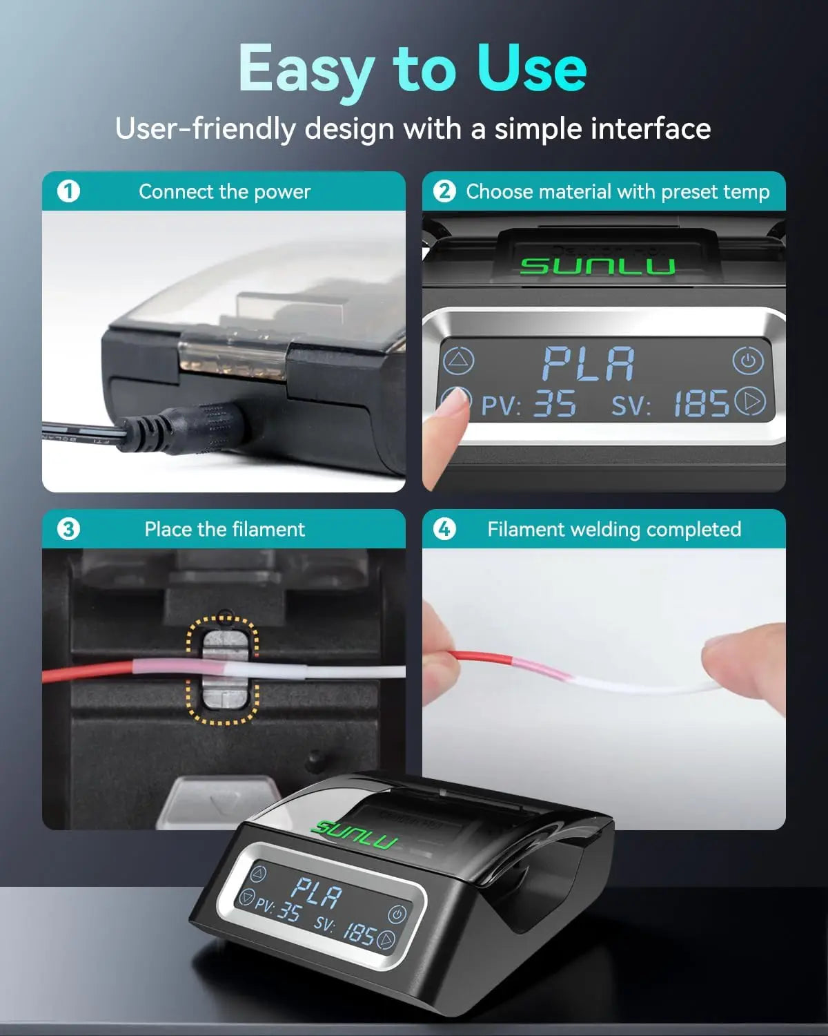 SUNLU Filament Connector FC01 for 1.75mm PLA/ABS/PETG/PA/PC Filament Fast Welding Splicer Simple to Use with 200pcs PTFE Sleeve