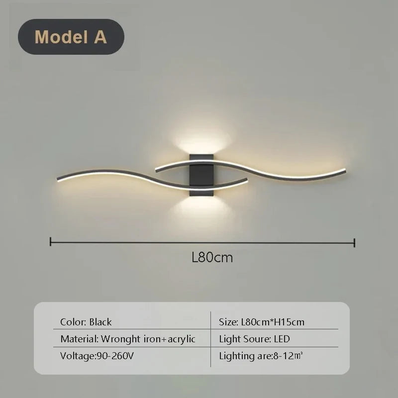 Modern LED Strip Wall Sconce - Double Curve, Remote, Black Gold, Bedside Bedroom | AlluCanFind