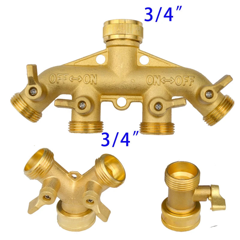 Heavy Duty Brass 1-2-4 way Splitter Garden Hose Hexagonal Connector with Comfortable Grip Shut Off Valves Adapter for Water Tap