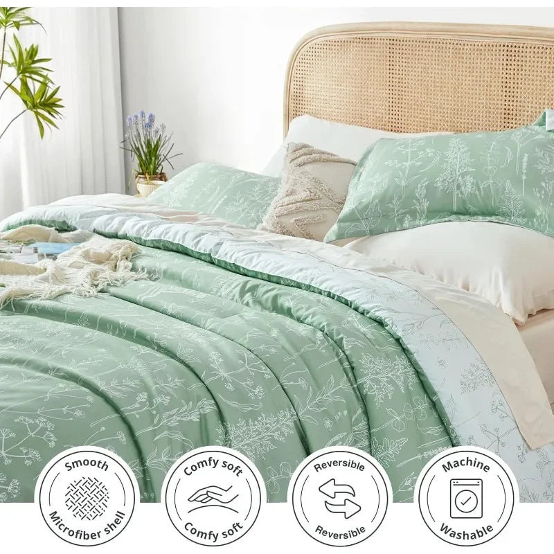 3 count Cute Floral Bedding Sets for All Seasons,1 Soft Reversible Botanical Flowers Comforter and 2 Pillow Shams