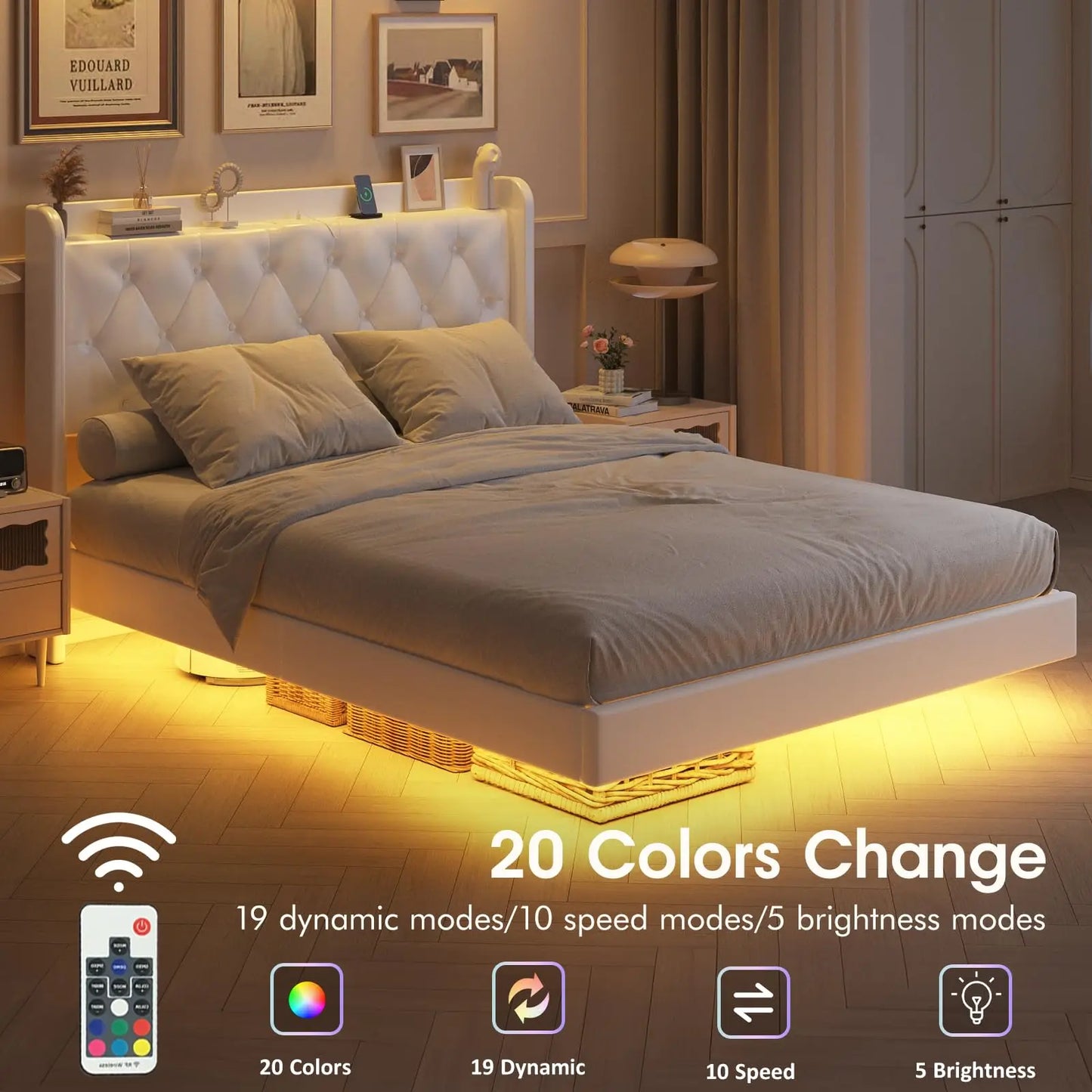 Vabches Floating Queen Bed Frame with LED Lights Upholstered PU Leather Platform Bed Frame with Power Outlet Storage Headboard
