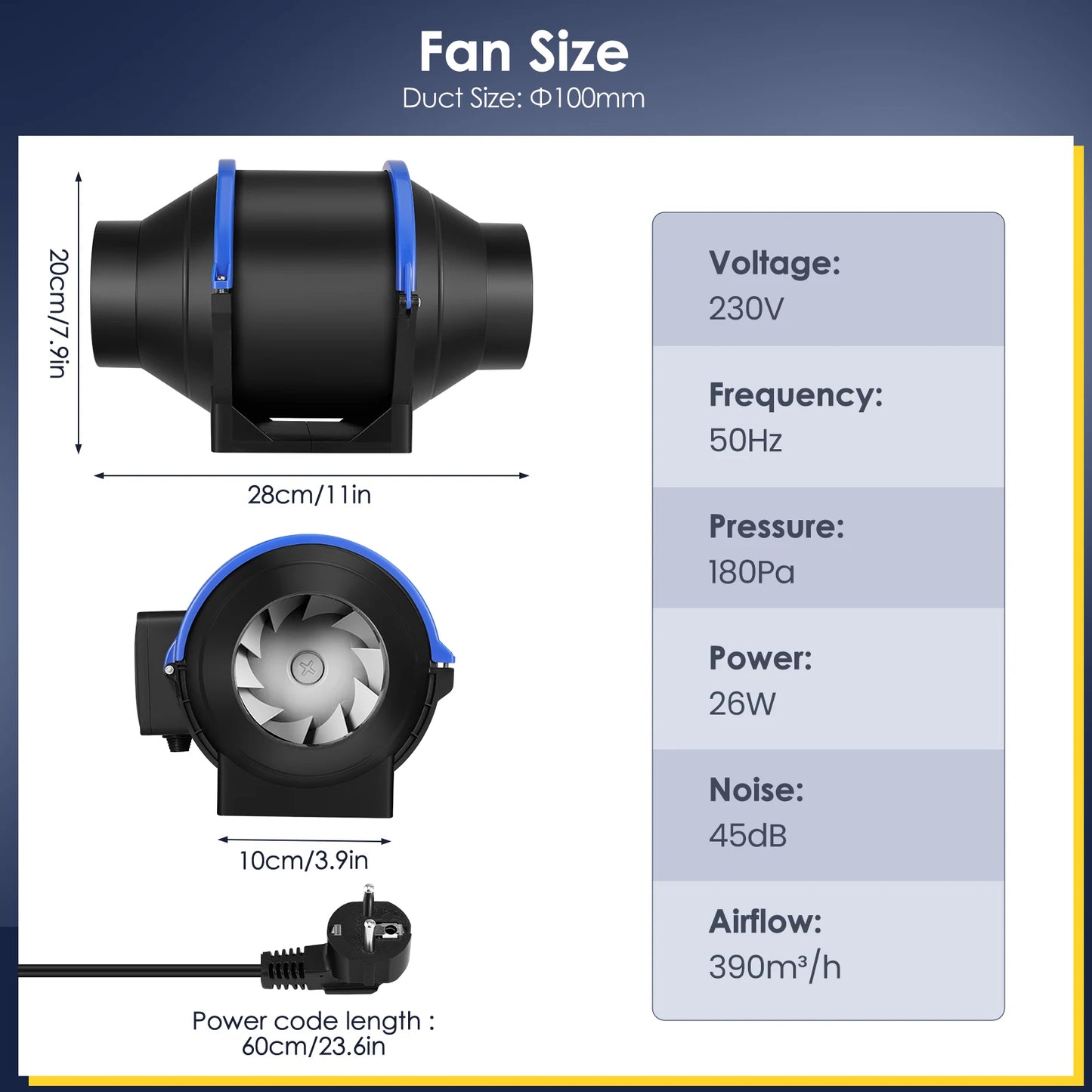 100/150 mm Pipe Exhaust Fan 4 Speed Inline Duct Fan Extractor Low Noise Air Ventilator Bathroom Toilet Wall Fan Duct Fan 220V EU
