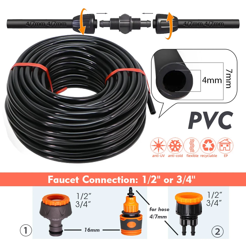 10-25M Garden Adjustable Brass Nozzle Misting 1/4" Watering System 60W Self-Priming Pump Automatic Cool Irrigation Equipment