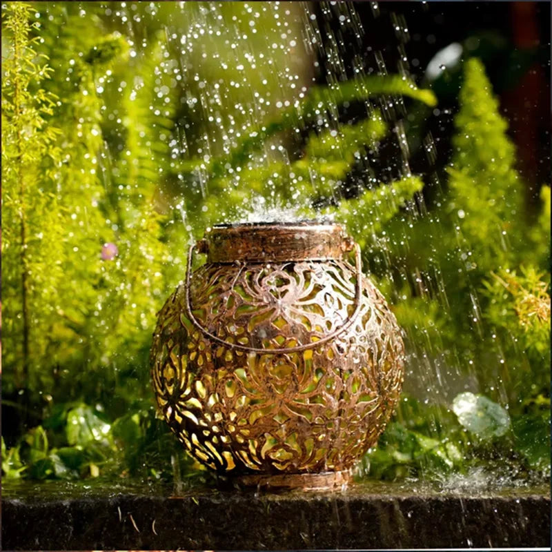 Solar Powered Hollow Ball Garden Light Waterproof Iron Metal Pendant Landscape Projection Hanging Decor for Outdoor Garden Decor