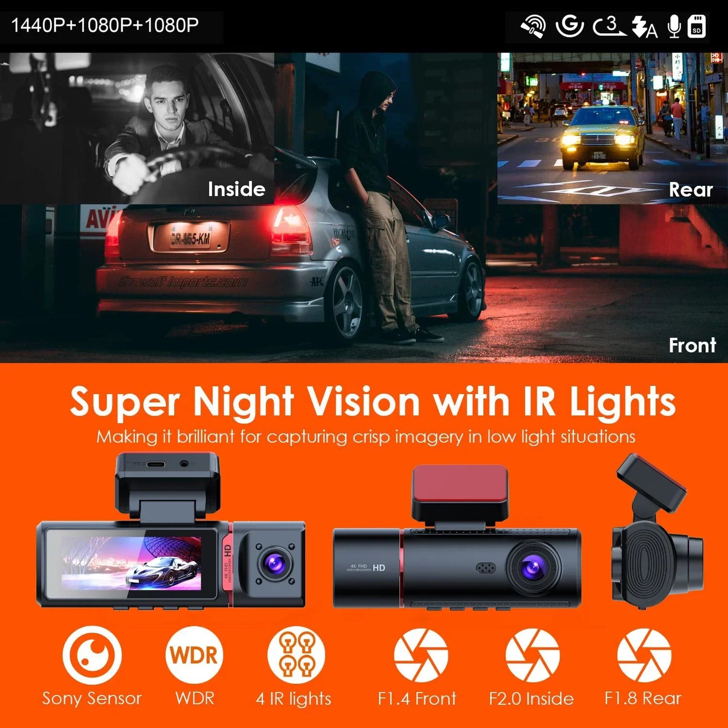 3 Channel Car DVR UHD 4K 3-Lens Inside Vehicle Dash Cam Three Way Came