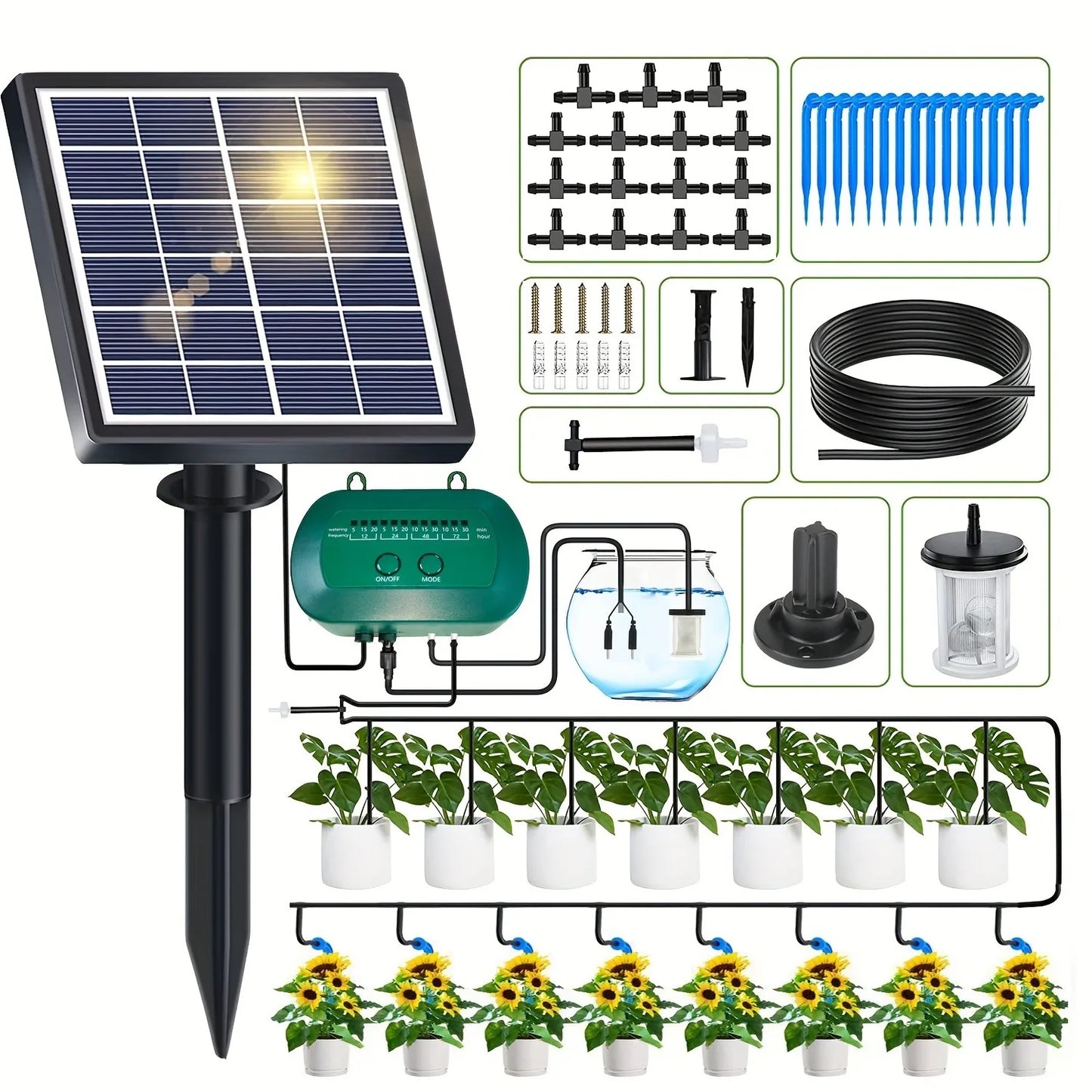 Solar drip irrigation kit plant watering device, DIY watering timer, supports 15 POTS of plants, suitable for garden, greenhouse