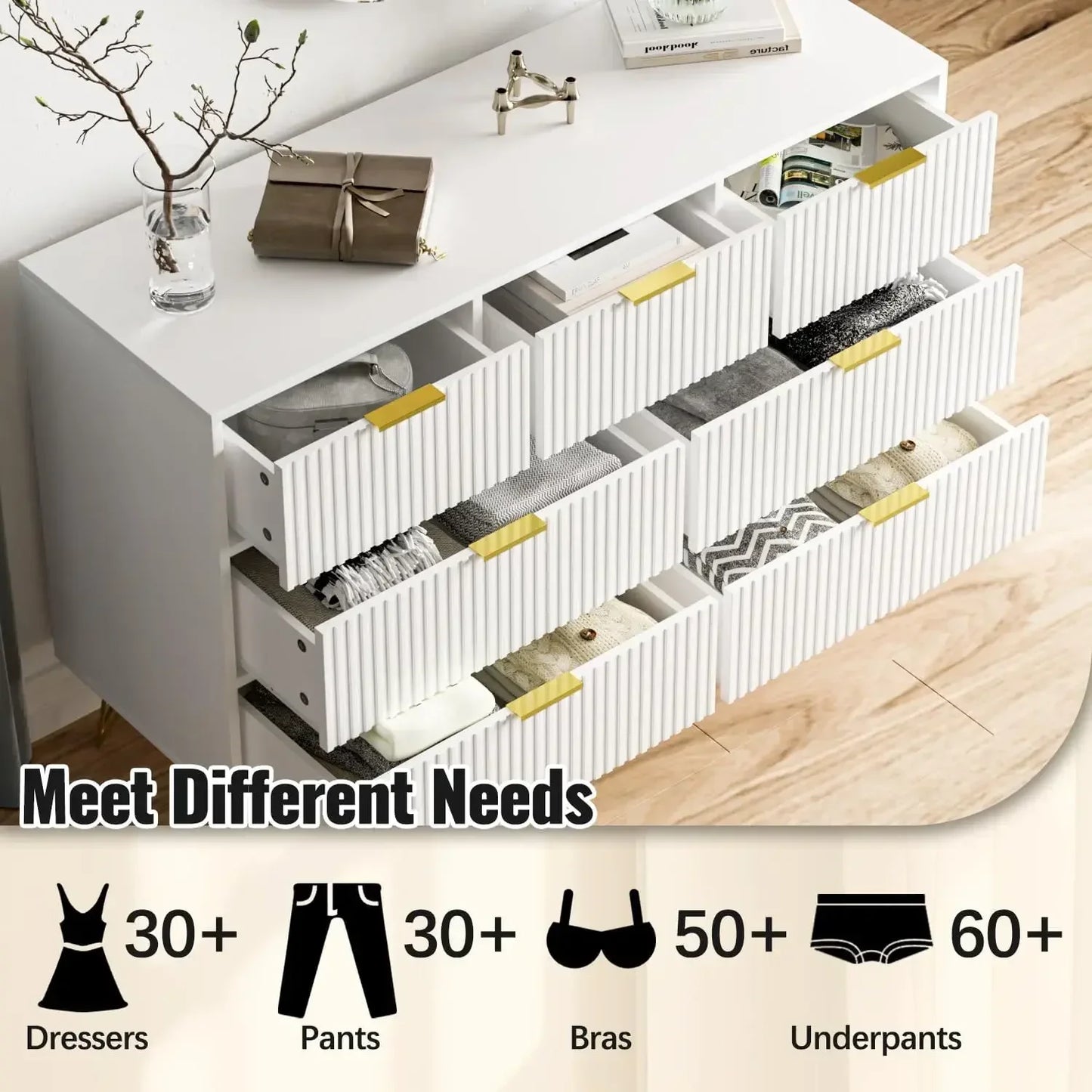 Dresser for Bedroom, White Bedroom Dresser with Drawers, Modern Wide Dresser with Gold Pulls