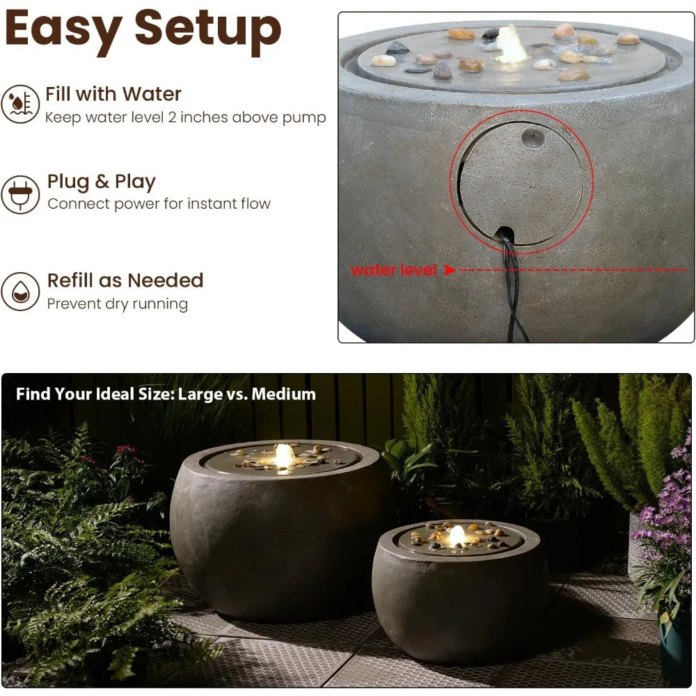Garden Water Fountain Outdoor Water Feature Indoor with Lights & Pump and Pebbles,Round Flow Fountains Concrete Effect for Patio
