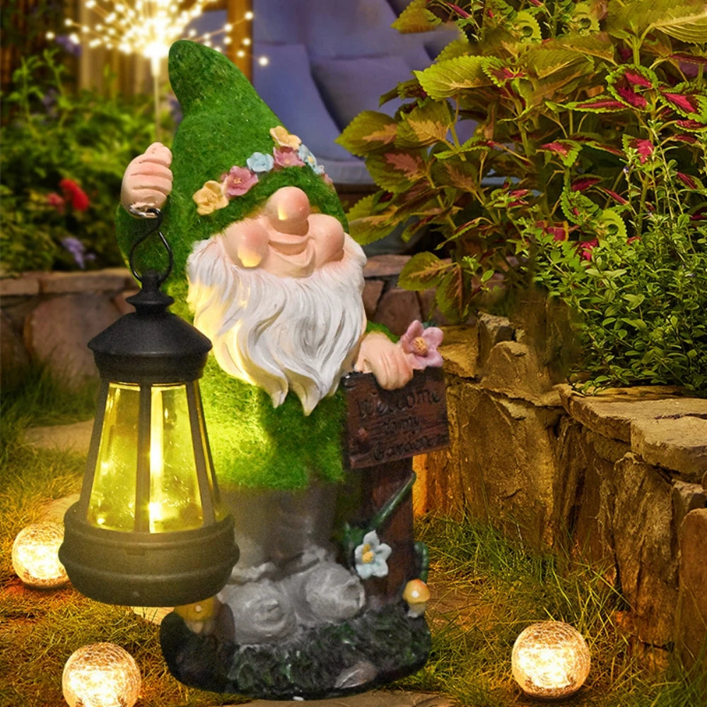 Flocking Gnome Statues with Solar Lantern Outdoor Resin Ornament Easter Garden Gnomes Funny for Yard and Patio Decor