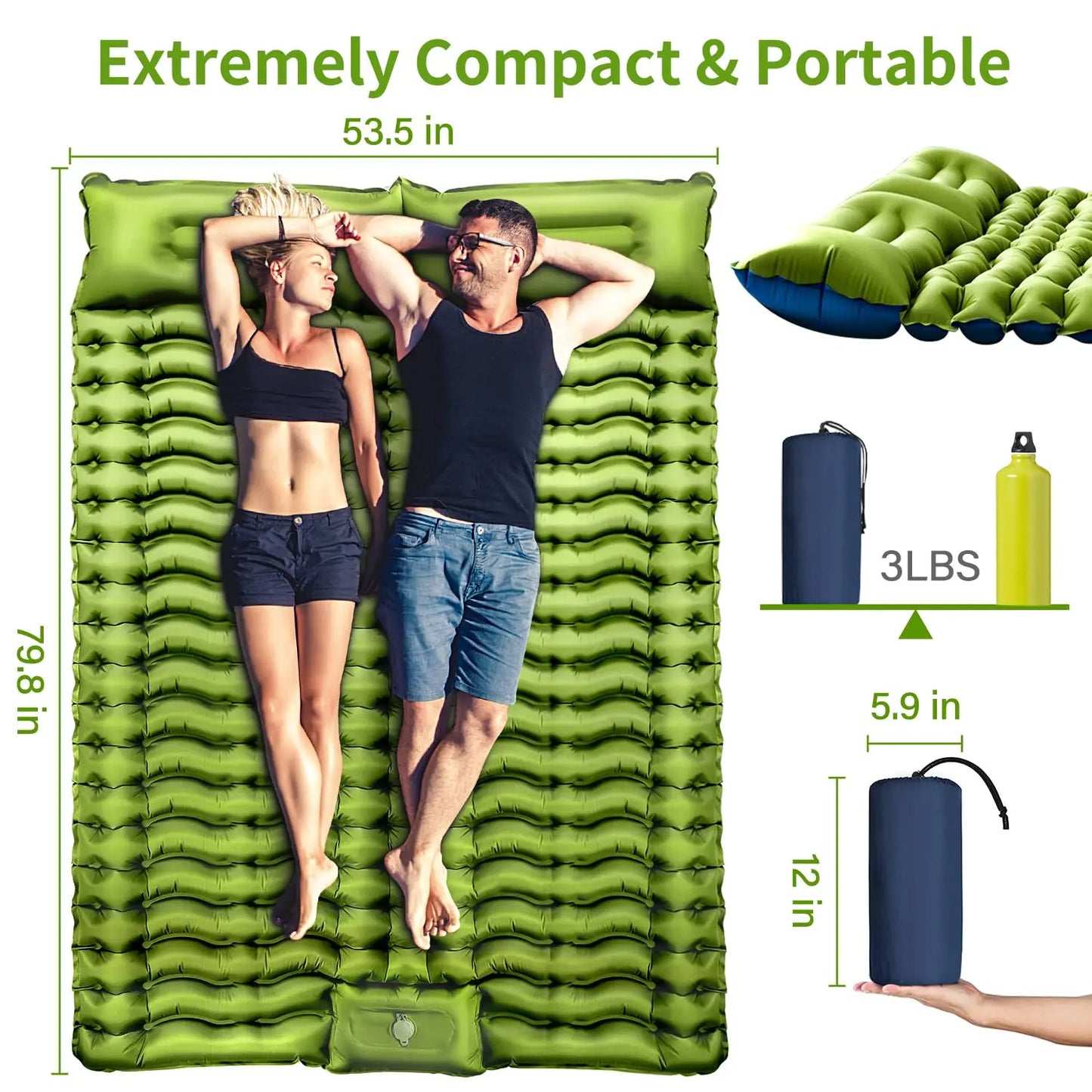 WESTTUNE Inflatable Mattress 4" Thick for 2 Person with Pillow Built-in Foot Pump Double Sleeping Pad for Backpacking Hiking