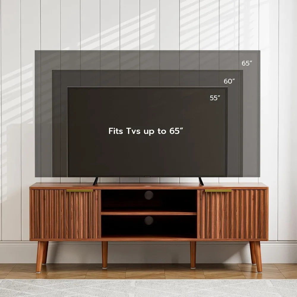 TV Stand for Living Room, Mid Century Modern Entertainment Center TV, TV Console with Fluted Door Cabinets and Open Shelves