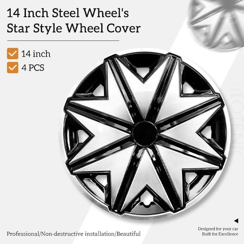 Universal 14 inch Starfish Hubcaps Black & Silver Wheel Covers for Cars Set of 4 Fits Honda, Volkswagen, Chevy, Mazda, Dodge