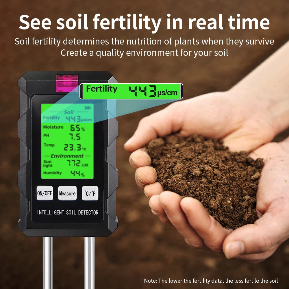 6 in 1 High Accuracy Soil Tester pH Temperature Humidity Sunlight Air Moisture Nutrient Fertility Meter Gardening Planting Tool