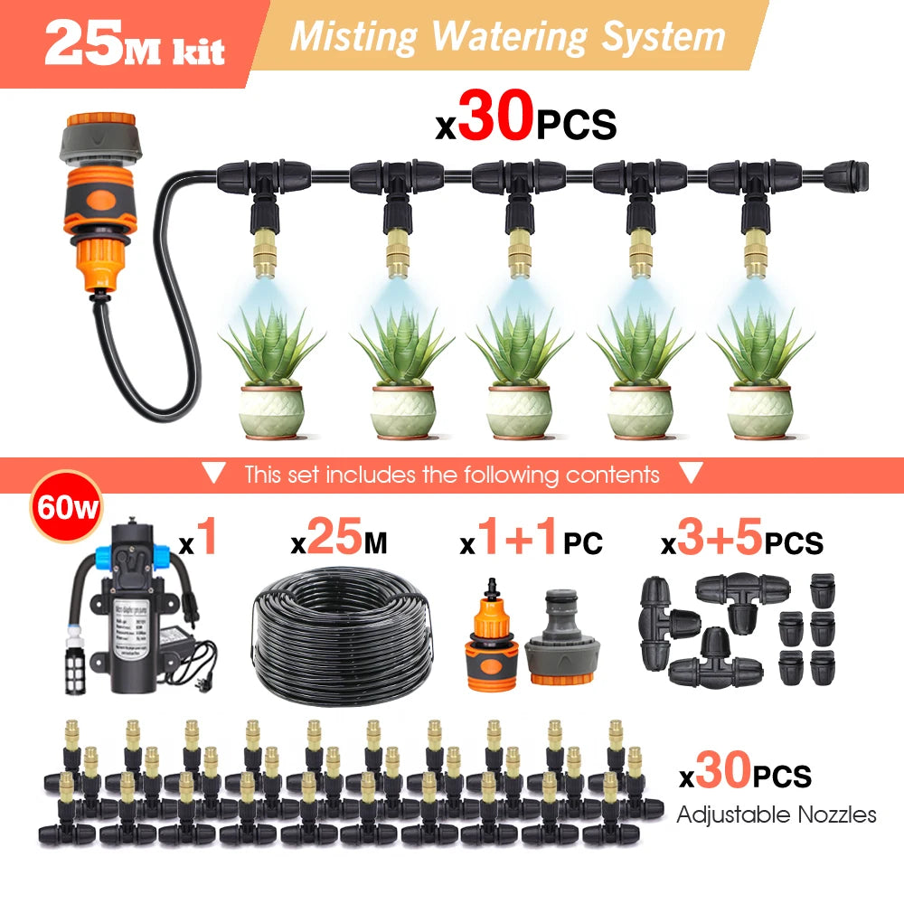 10-25M Garden Adjustable Brass Nozzle Misting 1/4" Watering System 60W Self-Priming Pump Automatic Cool Irrigation Equipment