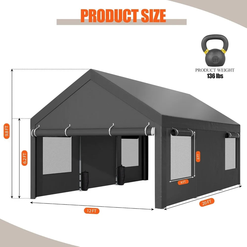 12x20 ft Carport with Roll-up Windows, Portable Garage with Removable Sidewalls & Doors, Canopy W Sandbags and All-Season Tarp