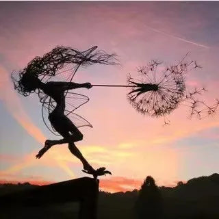Fairies Angel With Dandelions Flowers Dance,Fairy Garden Decoration Outdoor,Sculptures & Figurines Inserted Soil Metal Craft