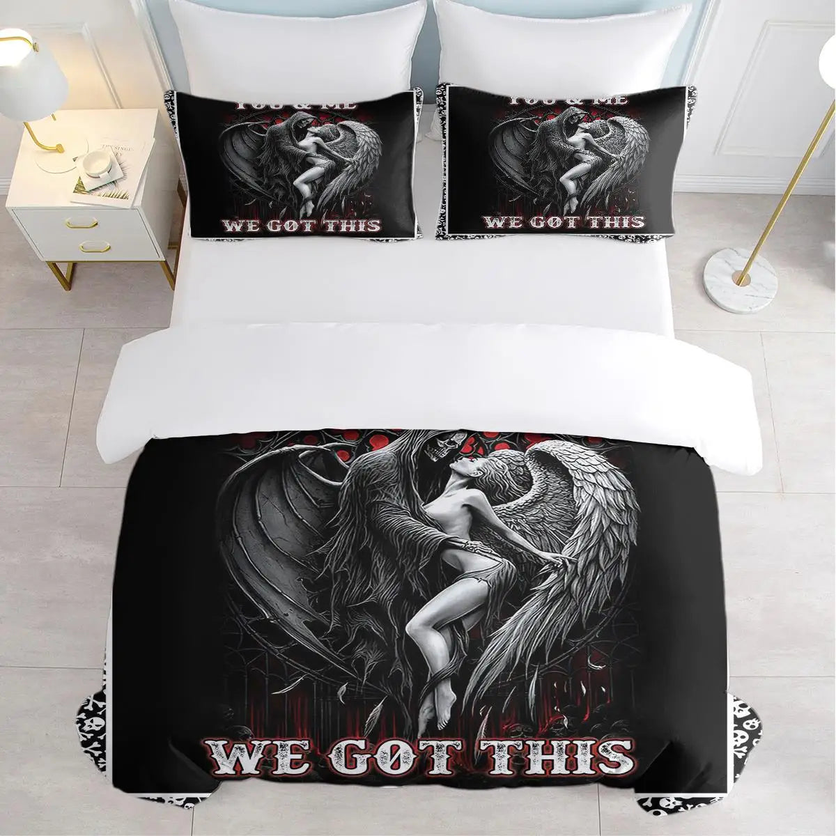 3pcs Soft and Comfortable Death and Angel Print Duvet Cover Set for bedroom and Guest Room - Includes 1 Duvet Cover and 2